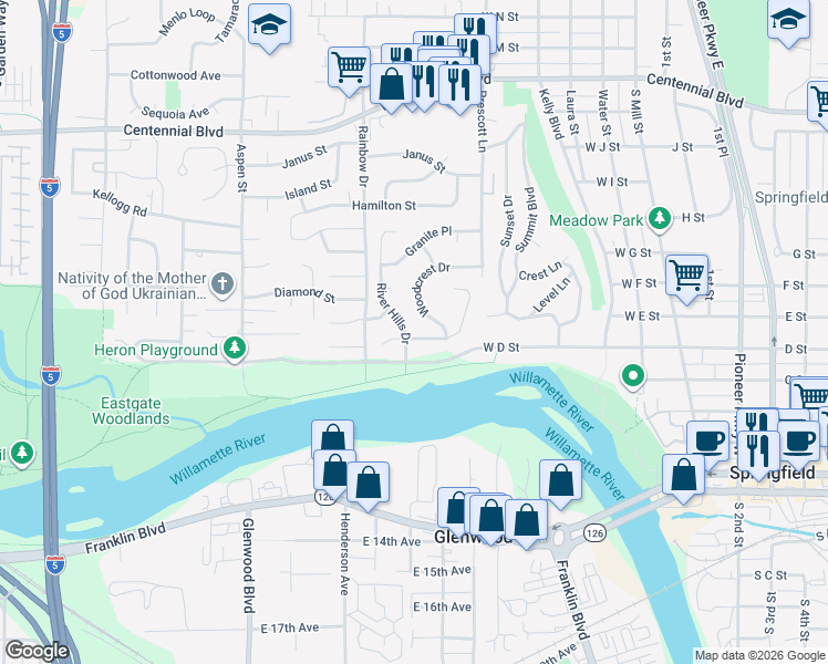 map of restaurants, bars, coffee shops, grocery stores, and more near 575 River Hills Drive in Springfield
