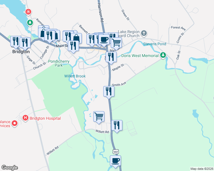 map of restaurants, bars, coffee shops, grocery stores, and more near 50 Portland Road in Bridgton