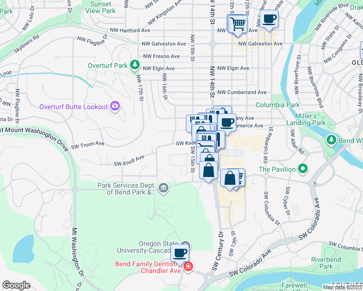 map of restaurants, bars, coffee shops, grocery stores, and more near 1529 Southwest Knoll Avenue in Bend