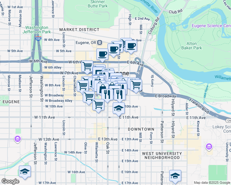 map of restaurants, bars, coffee shops, grocery stores, and more near in Eugene