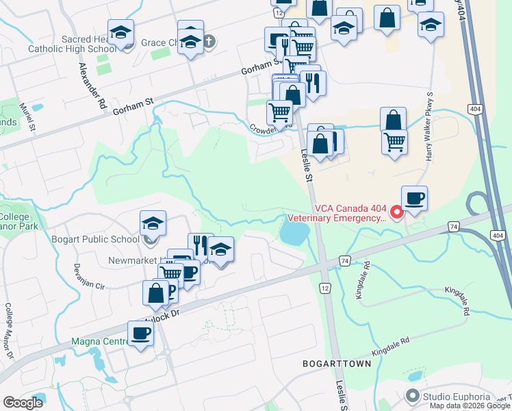 map of restaurants, bars, coffee shops, grocery stores, and more near 900 Bogart Mill Trail in Newmarket