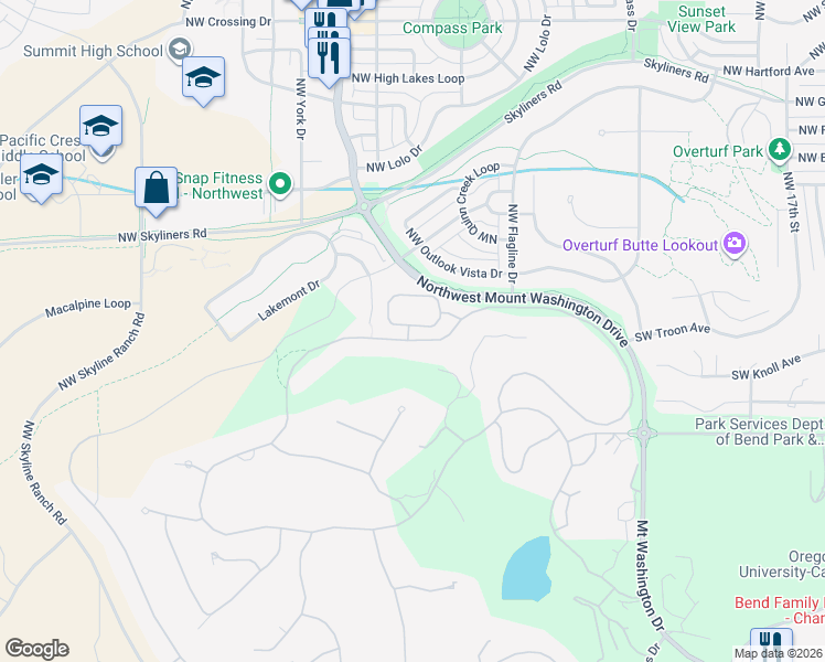 map of restaurants, bars, coffee shops, grocery stores, and more near 19424 Ironwood Circle in Bend