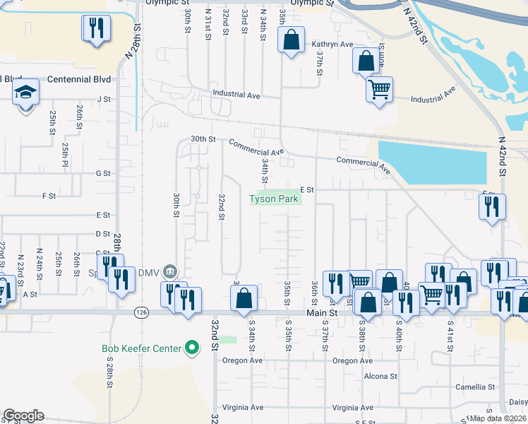 map of restaurants, bars, coffee shops, grocery stores, and more near 563 34th Street in Springfield