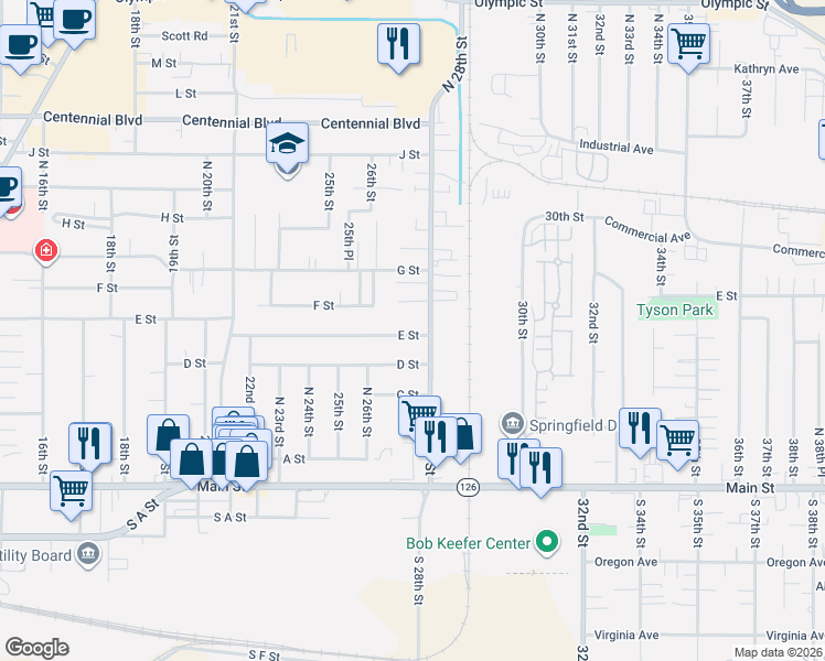 map of restaurants, bars, coffee shops, grocery stores, and more near 2700 E Street in Springfield