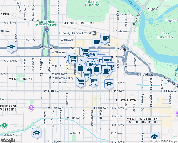 map of restaurants, bars, coffee shops, grocery stores, and more near Willamette Street in Eugene