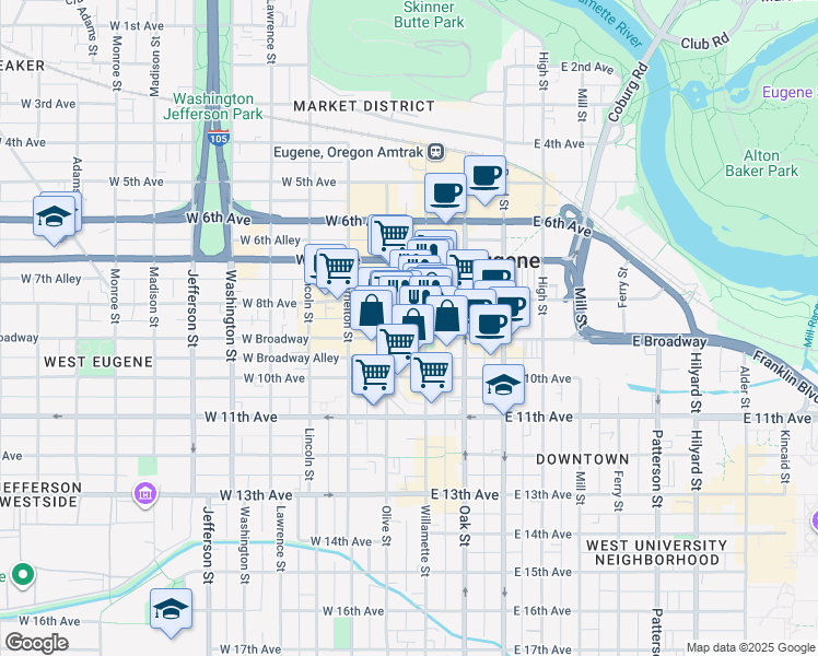 map of restaurants, bars, coffee shops, grocery stores, and more near Willamette Street in Eugene