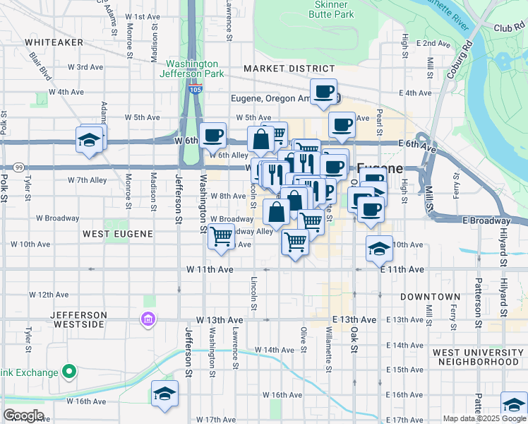 map of restaurants, bars, coffee shops, grocery stores, and more near 824 Charnelton Street in Eugene