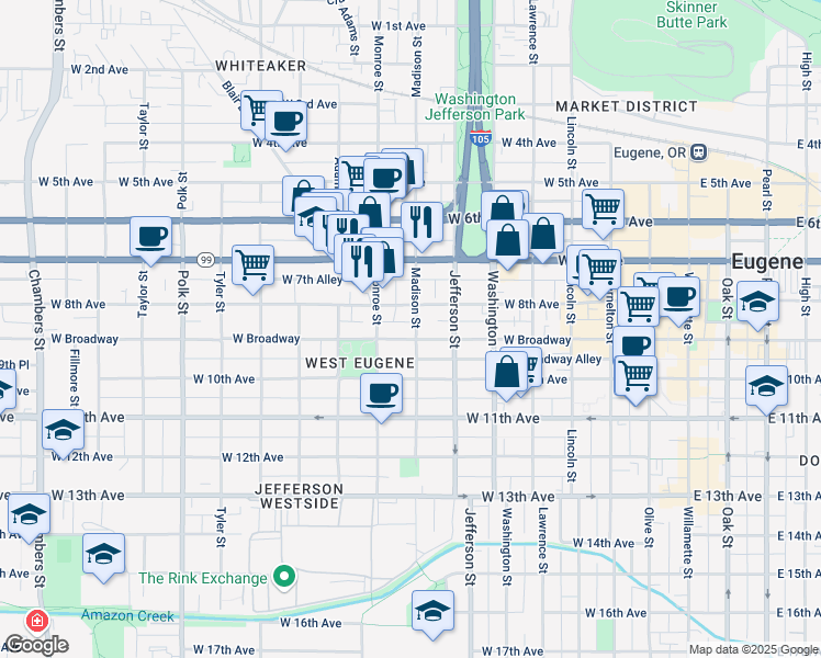 map of restaurants, bars, coffee shops, grocery stores, and more near 836 Madison Street in Eugene