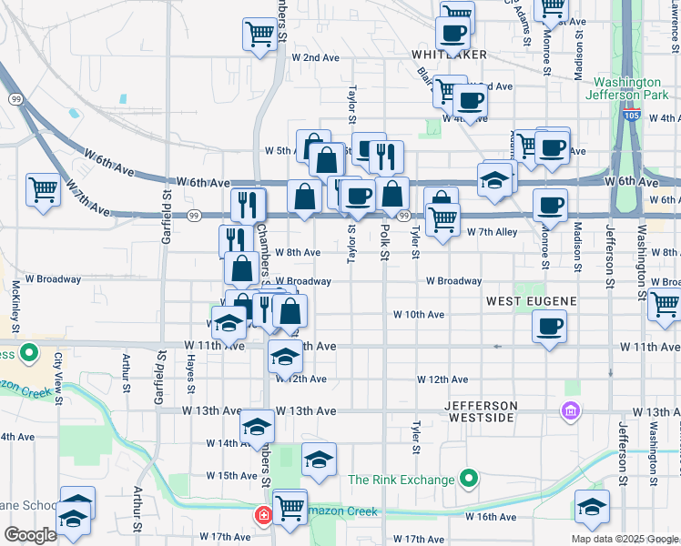 map of restaurants, bars, coffee shops, grocery stores, and more near 845 Taylor Street in Eugene