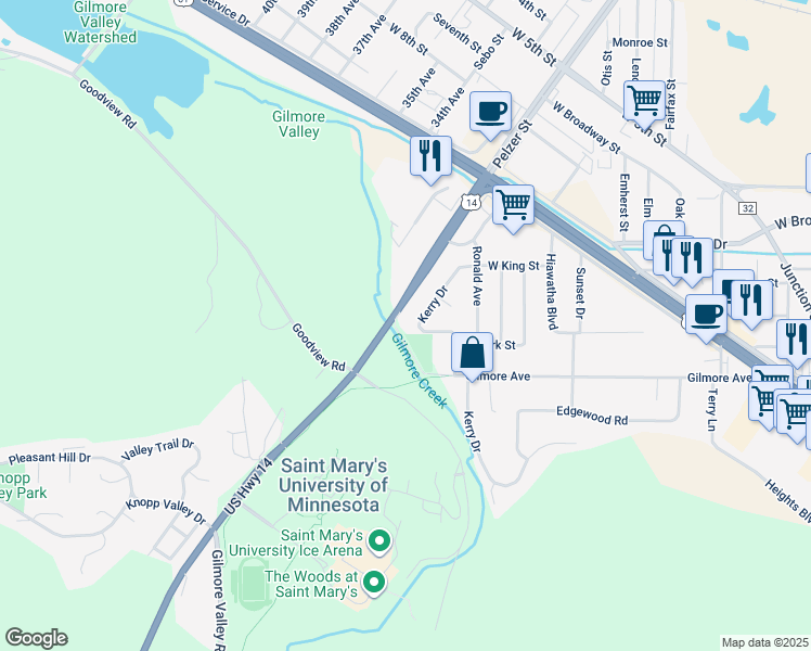 map of restaurants, bars, coffee shops, grocery stores, and more near 533 Kerry Drive in Winona