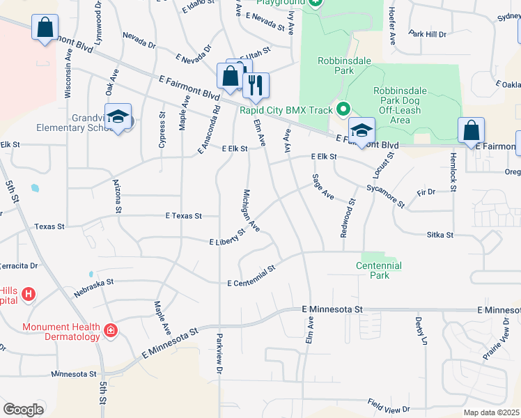map of restaurants, bars, coffee shops, grocery stores, and more near 414 East Liberty Street in Rapid City
