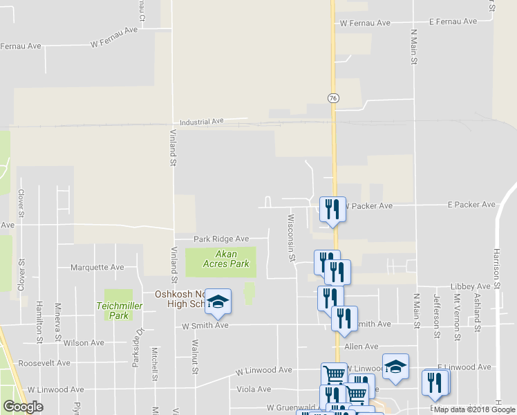 map of restaurants, bars, coffee shops, grocery stores, and more near West Packer Avenue in Oshkosh