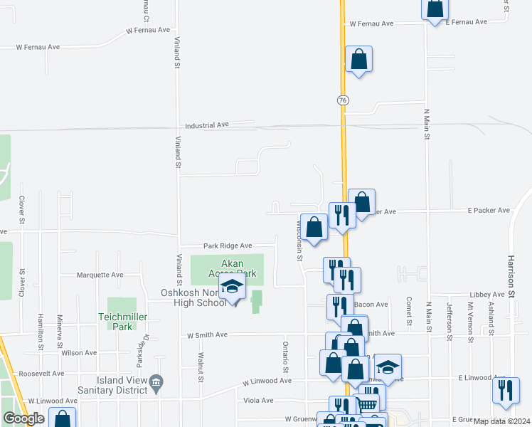 map of restaurants, bars, coffee shops, grocery stores, and more near 898 West Packer Avenue in Oshkosh