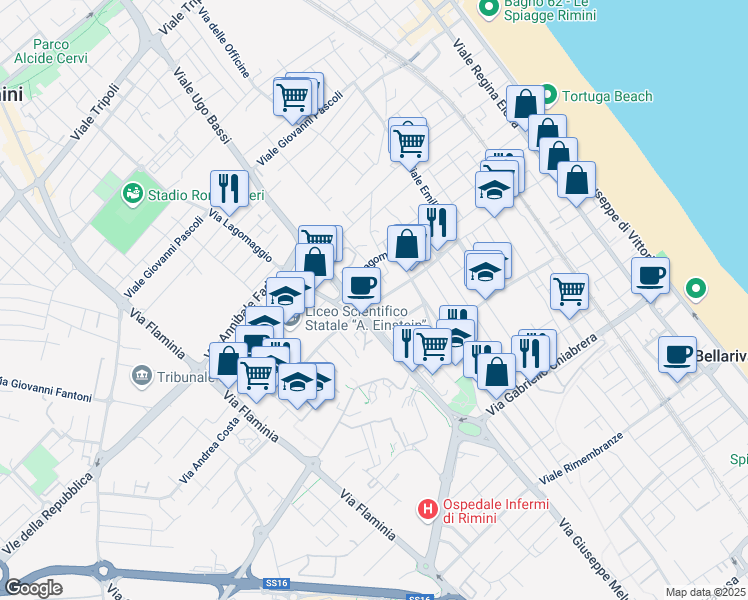 map of restaurants, bars, coffee shops, grocery stores, and more near 1 Via Corrado Ricci in Rimini