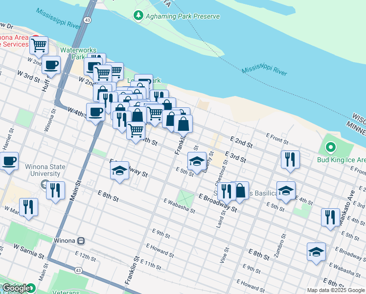 map of restaurants, bars, coffee shops, grocery stores, and more near 168 Franklin Street in Winona