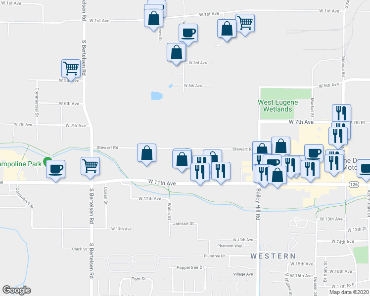map of restaurants, bars, coffee shops, grocery stores, and more near 3853 Stewart Road in Eugene