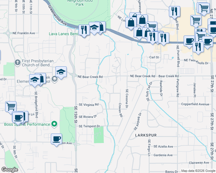 map of restaurants, bars, coffee shops, grocery stores, and more near 1740 Southeast Karena Court in Bend