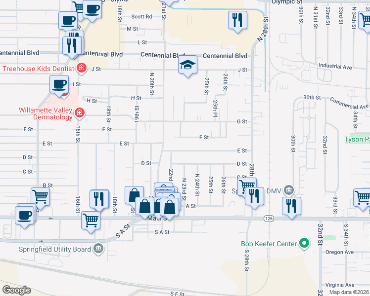 map of restaurants, bars, coffee shops, grocery stores, and more near 2290 E Street in Springfield