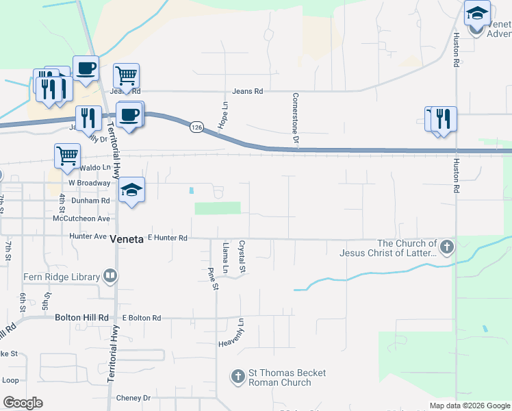 map of restaurants, bars, coffee shops, grocery stores, and more near 88139 Jameson Way in Veneta