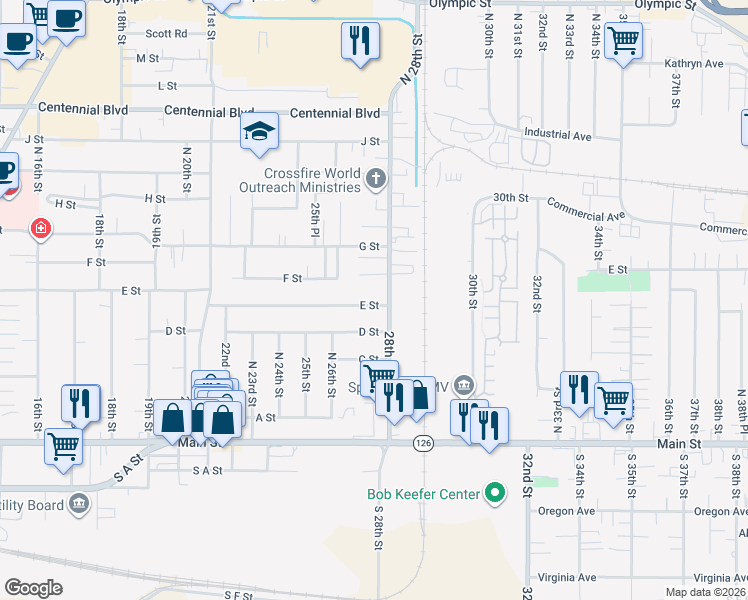 map of restaurants, bars, coffee shops, grocery stores, and more near 2740 E Street in Springfield