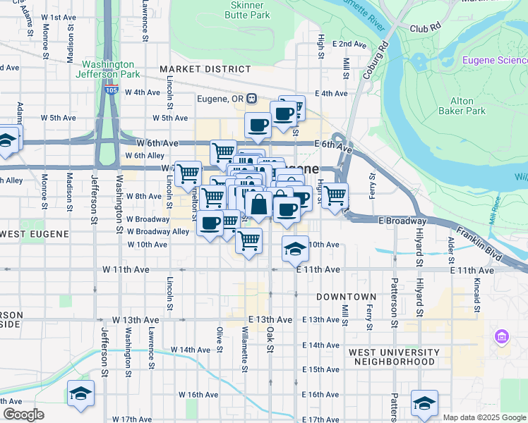 map of restaurants, bars, coffee shops, grocery stores, and more near Oak Street in Eugene