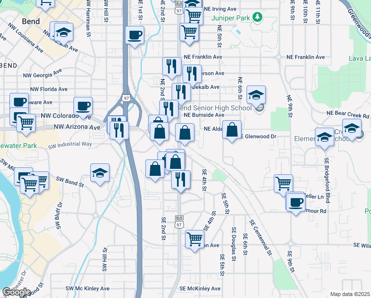 map of restaurants, bars, coffee shops, grocery stores, and more near 310 Southeast Railroad Street in Bend