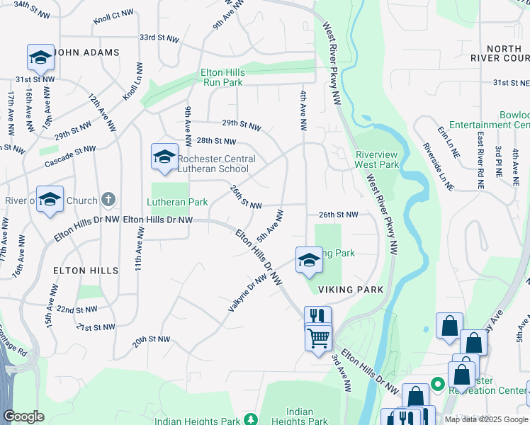 map of restaurants, bars, coffee shops, grocery stores, and more near 530 26th Street Northwest in Rochester