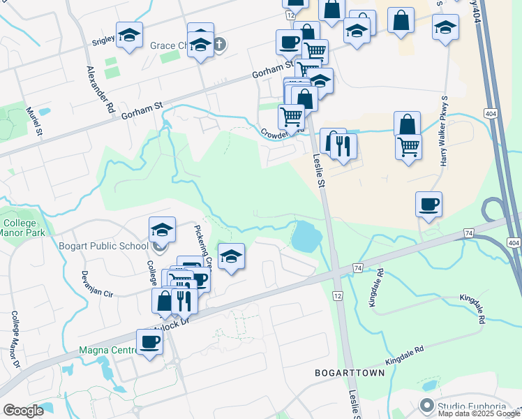 map of restaurants, bars, coffee shops, grocery stores, and more near 900 Bogart Mill Trail in Newmarket