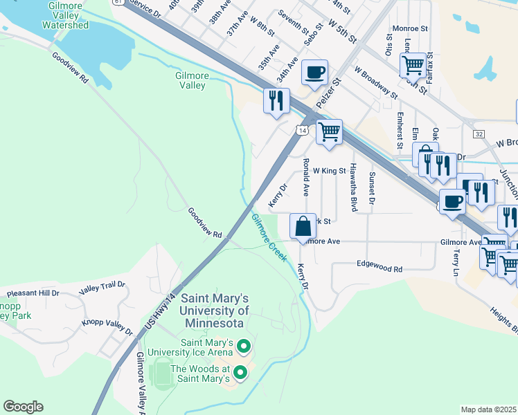 map of restaurants, bars, coffee shops, grocery stores, and more near 533 Kerry Drive in Winona