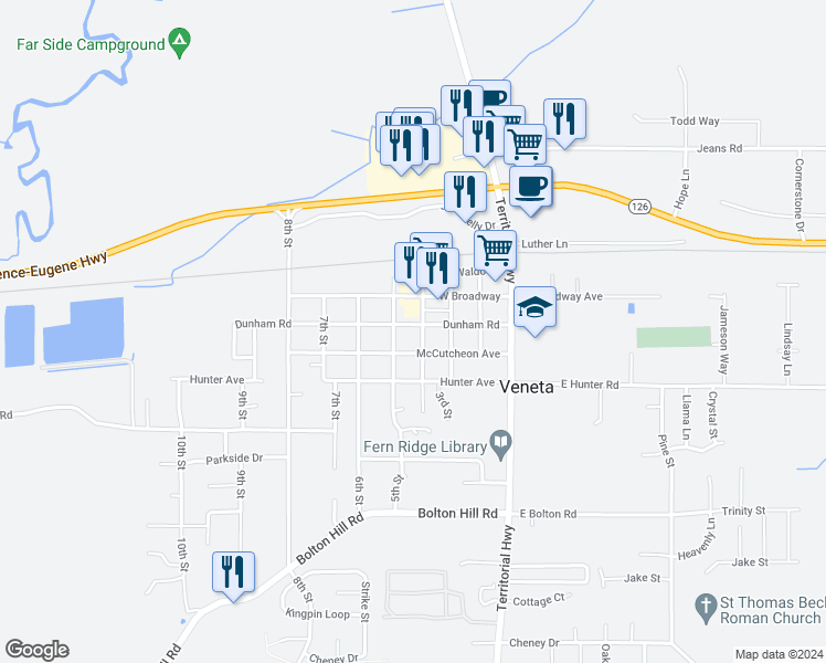 map of restaurants, bars, coffee shops, grocery stores, and more near 24964 Dunham Road in Veneta