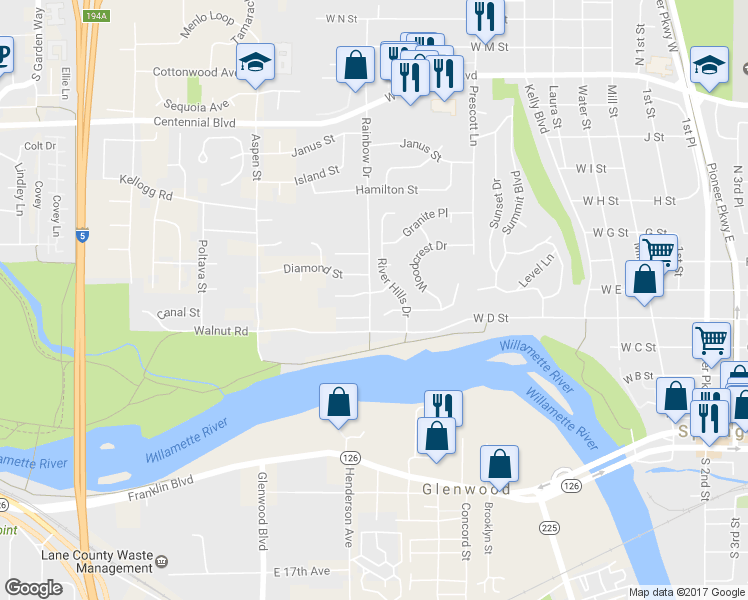 map of restaurants, bars, coffee shops, grocery stores, and more near 797 Raintree Way in Springfield
