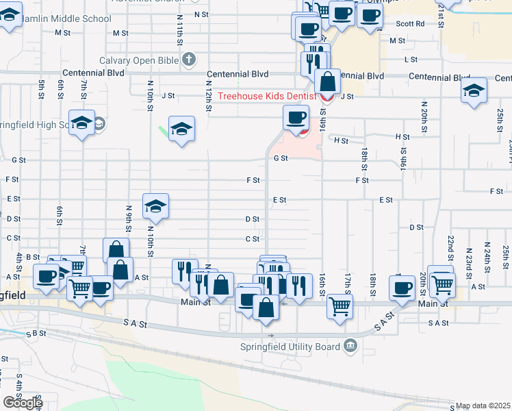 map of restaurants, bars, coffee shops, grocery stores, and more near 1357 E Street in Springfield