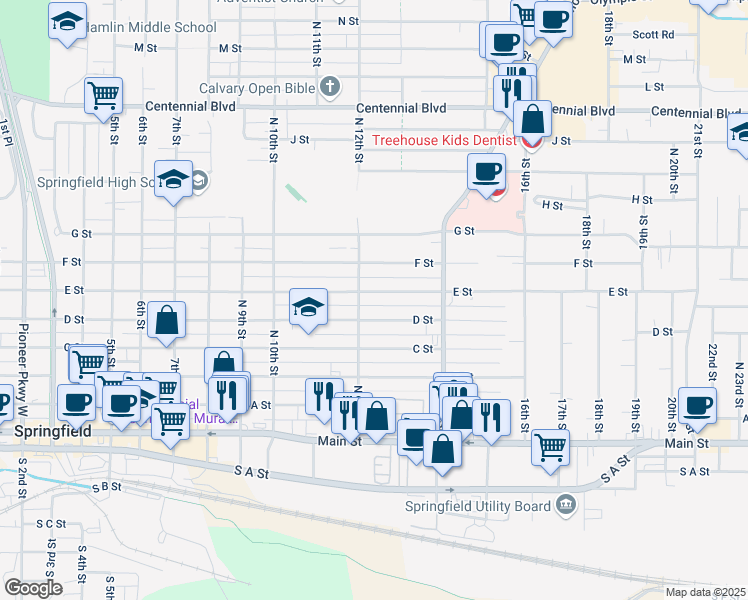 map of restaurants, bars, coffee shops, grocery stores, and more near 1227 E Street in Springfield