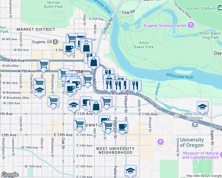 map of restaurants, bars, coffee shops, grocery stores, and more near 560 West 8th Avenue in Eugene