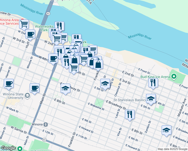 map of restaurants, bars, coffee shops, grocery stores, and more near 230 East 4th Street in Winona