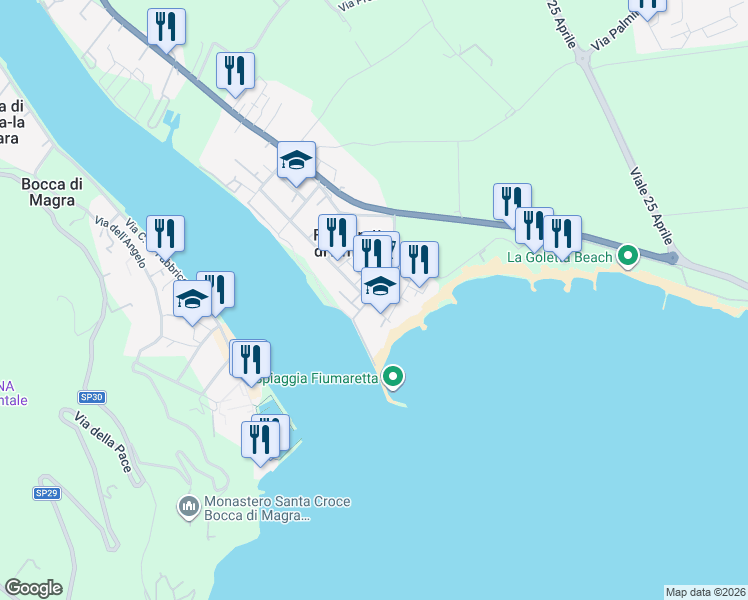 map of restaurants, bars, coffee shops, grocery stores, and more near 53 Via Baban in Fiumaretta di Ameglia