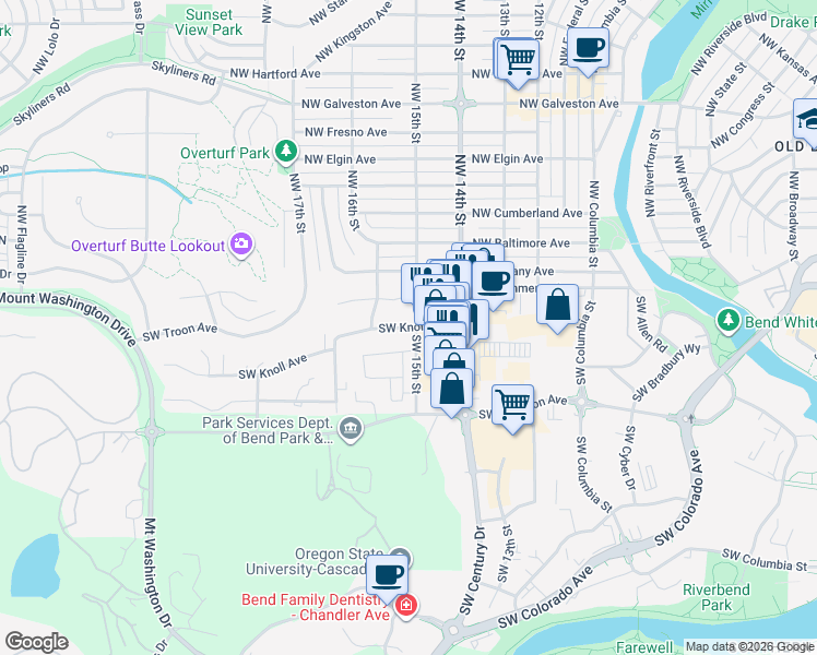map of restaurants, bars, coffee shops, grocery stores, and more near 1470 Southwest Knoll Avenue in Bend