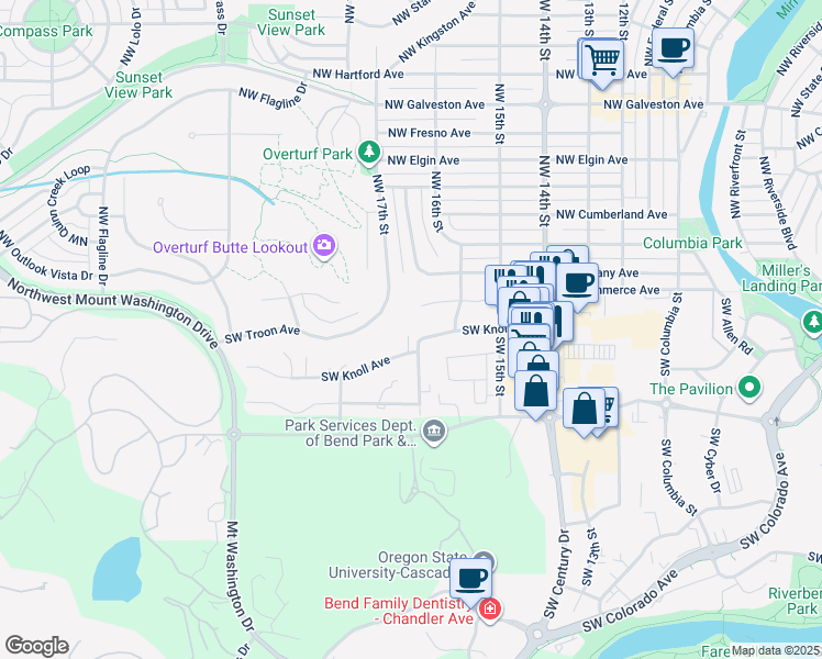 map of restaurants, bars, coffee shops, grocery stores, and more near 1642 Southwest Knoll Avenue in Bend