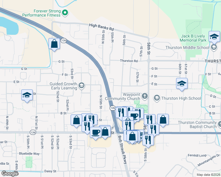 map of restaurants, bars, coffee shops, grocery stores, and more near 561 North 55th Street in Springfield