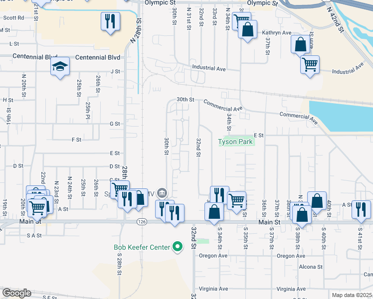 map of restaurants, bars, coffee shops, grocery stores, and more near 126 30th Street in Springfield