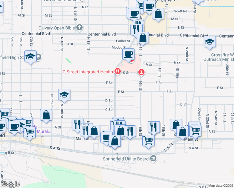 map of restaurants, bars, coffee shops, grocery stores, and more near 1437 E Street in Springfield