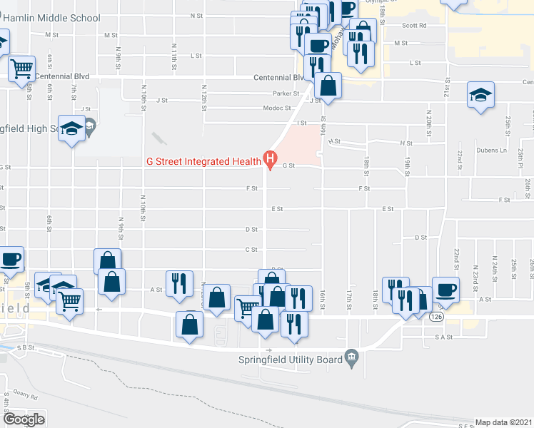 map of restaurants, bars, coffee shops, grocery stores, and more near 1437 E Street in Springfield