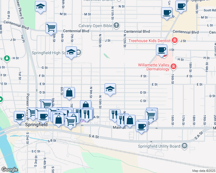 map of restaurants, bars, coffee shops, grocery stores, and more near 1034 E Street in Springfield