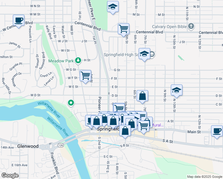 map of restaurants, bars, coffee shops, grocery stores, and more near 554 4th Street in Springfield