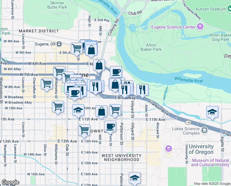 map of restaurants, bars, coffee shops, grocery stores, and more near 560 West 8th Avenue in Eugene