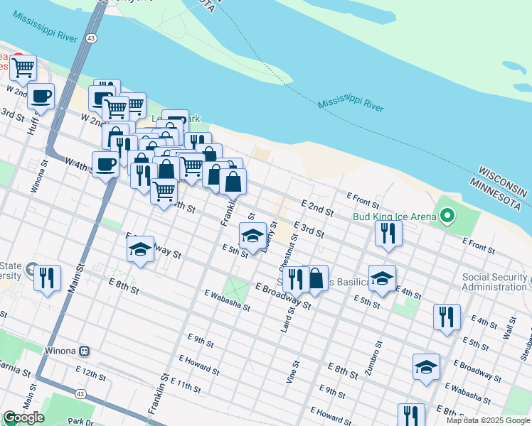 map of restaurants, bars, coffee shops, grocery stores, and more near 312 East 3rd Street in Winona