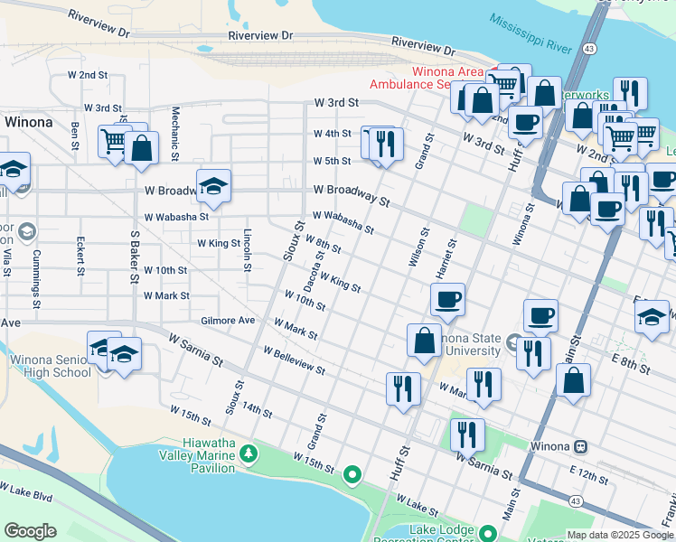 map of restaurants, bars, coffee shops, grocery stores, and more near 409 Olmstead Street in Winona