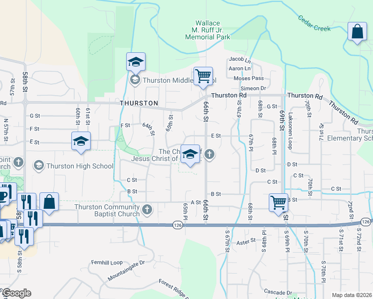map of restaurants, bars, coffee shops, grocery stores, and more near 6513 E Street in Springfield