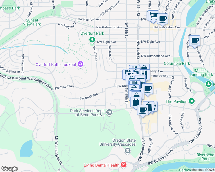 map of restaurants, bars, coffee shops, grocery stores, and more near 1642 Southwest Knoll Avenue in Bend