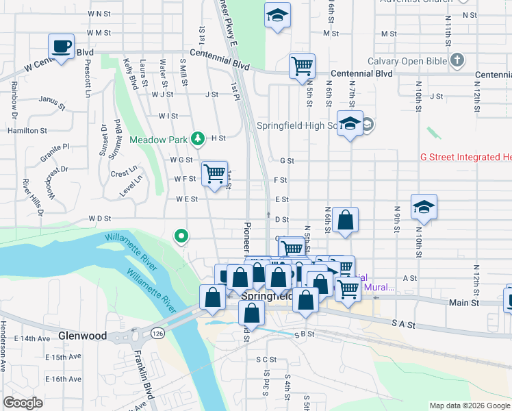 map of restaurants, bars, coffee shops, grocery stores, and more near 233 E Street in Springfield